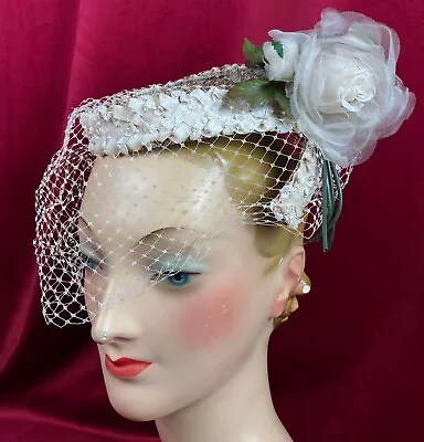 Vintage 50s Gauzy White Rose Tilt Hat Veil Easter Wedding 1950s • $49.99