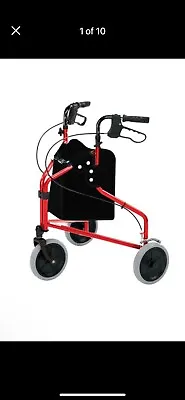 Lightweight Roma Tri-Wheel Walker Frame With Bag & Breaks In Red Walking Aid • £60