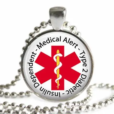 Type 2 Diabetic Insulin Dependent Medical Alert Necklace Glass Top Pendant Chain • $11.95