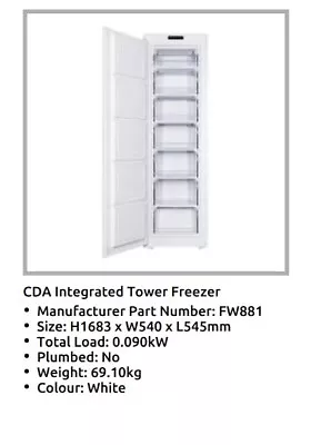 CDA FW881 Integrated Freezer Tall Upright • £100