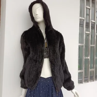 100% Real Mink Fur Knitted Coat Women's Warm Fashion Fur Jacket Hooded Handmade • $265