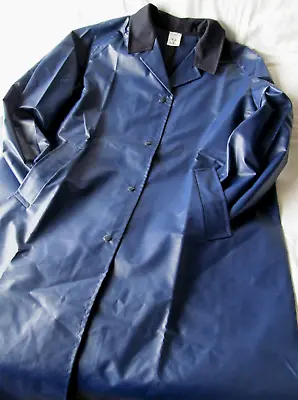 Vintage Long Blue PVC Vinyl Oilskin Mac Trench Military Style Coat  XL • £50