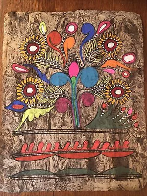Mexican Folk Art Painting On Amate Bark Multicolor Neon Flowers Vintage MCM • $15