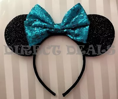 NEW Minnie Mickey Mouse Ears Headband Shimmer Black Sparkly Sequin Teal Blue Bow • $9.95