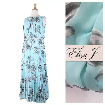 Eliza J. Plus Size Mint Aqua Gray Floral Chiffon High Neck Maxi Dress 18W Formal • $74.95