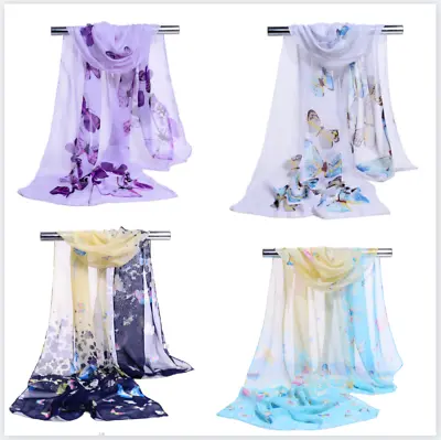 Women Butterfly Feather Chiffon Printing Scarf Soft Lady Wrap Long Shawl Scarf • $4