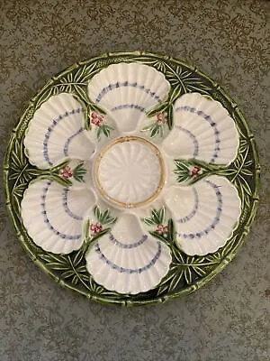 Antique French  Saint Clement Majolica Oyster Plate In Bamboo Pattern • $495