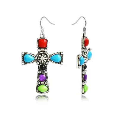 Vintage Style Colorful Turquoise Cross Dangle Earrings Women Party Jewelry Gift • $3.03