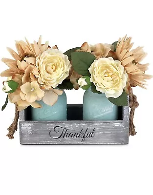 Rustic Mason Jar Table Centerpiece Thankful Wood Tray  • $20