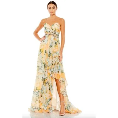 Mac Duggal 68117 Floral Ruffled Asymmetrical Hem Strapless Gown Sz 0 Maxi Dress • $287.99