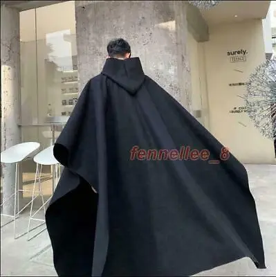 Men Fashion Hooded Wool Blend Pullover Oversize Cloak Cape Coat Ourwear Black • $59.74