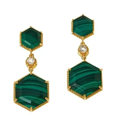 Rarities Gold-Plated Hexagon Drop Earrings-Malachite And White Topaz-Pierced-NWT • $69.95