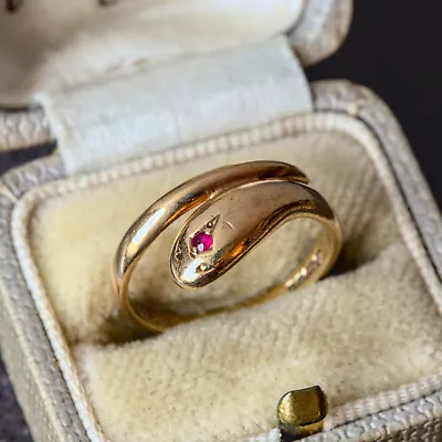 Lovely Quality Vintage English 9k Gold Pink Ruby Single Coil Snake Ring 1980 • $575