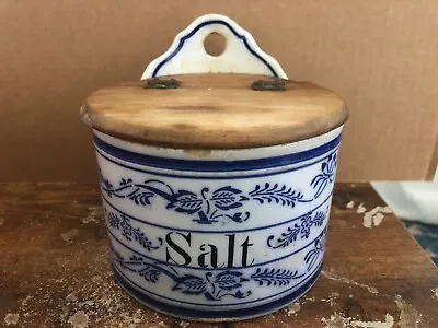 Vintage SALT Box Cellar Blue Decorated Porcelain W/ Wooden Lid • $99.99