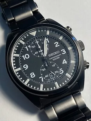 Seiko SNN233 Quartz Chronograph Pilot Watch 7T94-0BR8 Black W/ Bracelet • $39