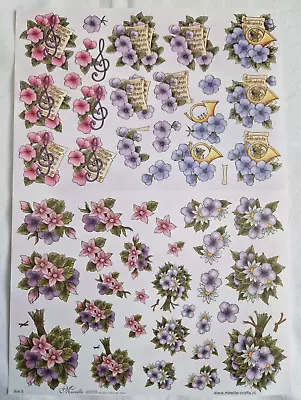 Mireille Crafts - Pink Purple & Blue Flowers With Music - Decoupage Sheet • £1.99