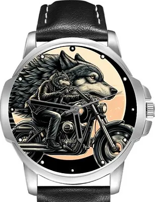 WOLF BIKER RIDER Art Rare Style Quality Wrist Gift Watch • $98.75