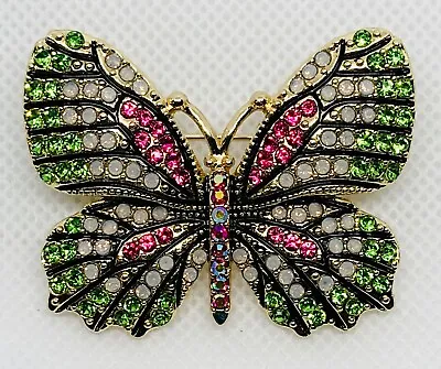 NEW Gold Tone Metal Green Pink & Opalescent Rhinestones Butterfly Pin Brooch • $13