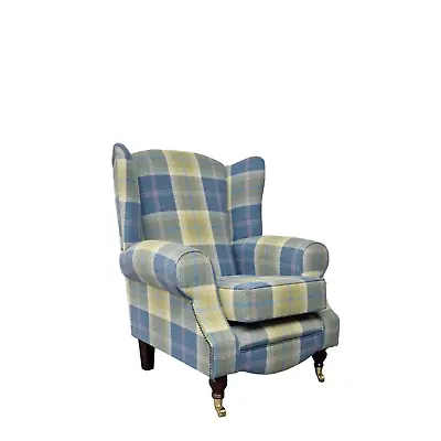Wing Back Queen Anne Cottage Chair  Balmoral Chambray Tartan Dark Wood Legs • £479
