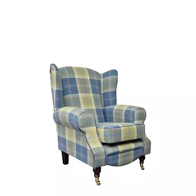 Wing Back Queen Anne Cottage Chair  Balmoral Chambray Tartan Dark Wood Legs • £479