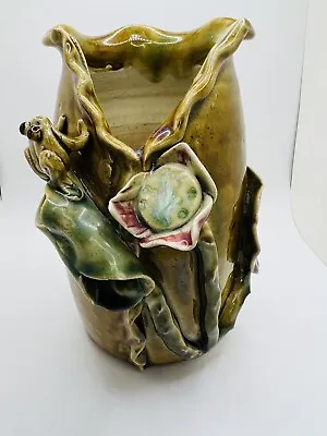 Vtg Art Pottery Majolica Vase 3D Applied Frog & Lily Pad Flower 7 1/2  Tall NICE • $20