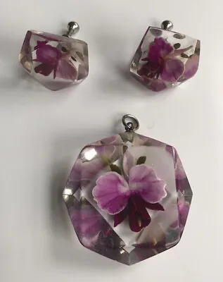 Vintage Lucite Encased Orchid Flowers Pendant Screw Back Earrings Set Faceted • $18