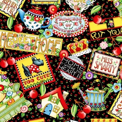 Engelbreit Mottos Black Sayings Fabric -Cotton Quilt Home Heart Cherry Dog BTHY • $9.99