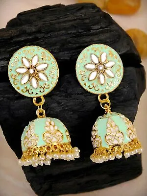 Traditional GoldPlated Meenakari Enamel Kundan Floral Jhumki Earring With Pearls • $12.99