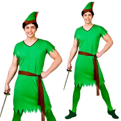 £11.49 • Buy Adults Robin Hood Costume Storybook Lost Boy Green Elf Mens Fancy Dress New