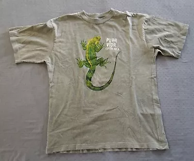Pura Vida Costa Rica T Shirt Gray Green Yellow White L Lizard Graphic - SPOTS • $9.95