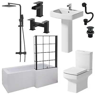 Complete Bathroom Suite Black 1700mm L Shape RH Bath Screen Basin WC Shower Taps • £765.13