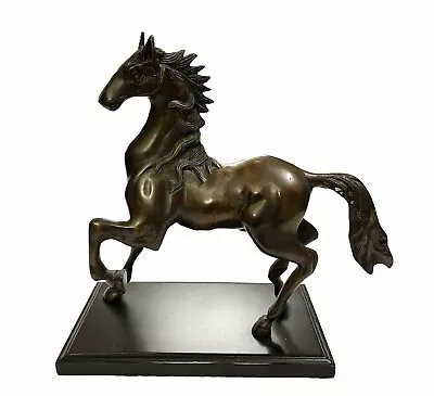 Vintage Solid Bronze Stallion Horse Sculpture On Wood Base Large HEAVY Artwork • $125