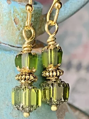 Etched Gold And Green Crystal Cathedral Bead Dangle Earrings. • $6.99