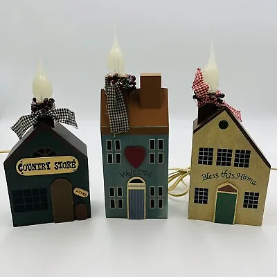 (3)- Vintage Lighted Wood Country Houses Christmas Village 9”-12” Tall Primitive • $21.24