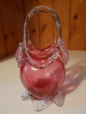 HAND BLOWN CRANBERRY GLASS BASKET VASE ON LEGS - FRILLY EDGE+CLEAR HANDLE - 20cm • £0.99