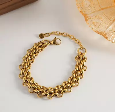 Women's 14K Gold Plated Vintage Stainless Steel Chain Bracelet Charm Jewelry • $9.99