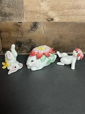 Fitz & Floyd Trinket Box Bunny Blooms Two Baby Bunny Figurines Floral Easter • $26.99