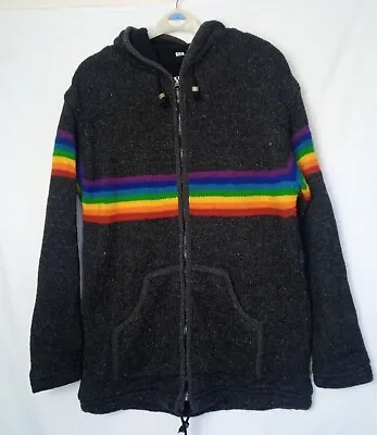 Mens Jacket 100% Wool Black Rainbow Hooded  UK XXL  Made In Nepal Fleece Lined • $49.80