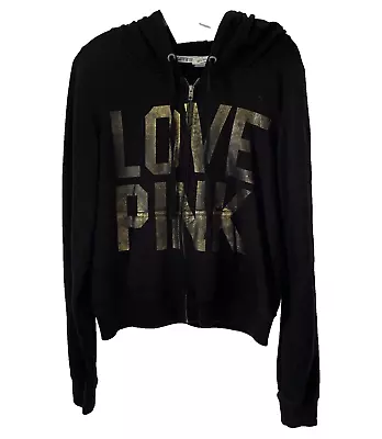 PINK Victoria’s Secret Women's L Black Sequined  86  LOVE PINK Zip Hoodie Jacket • $24.99