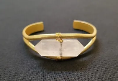 Vintage Mid-Century Modernist Brass Rose Quartz Cuff Bracelet • $20