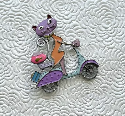 Vintage Style Artistic Cat On Scooter Brooch Pendant Enamel On Metal • $14