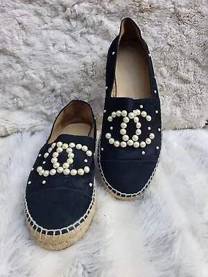 Chanel Black Suede Pearl CC Flat Size 37 • £200.79