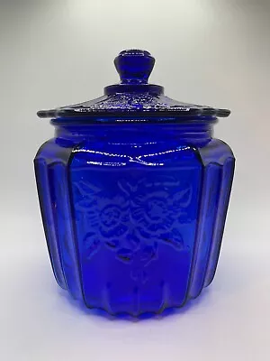 Gorgeous Vintage Cobalt Blue Glass Mayfair Open Rose Biscuit Jar Canister W/ Lid • $32.49