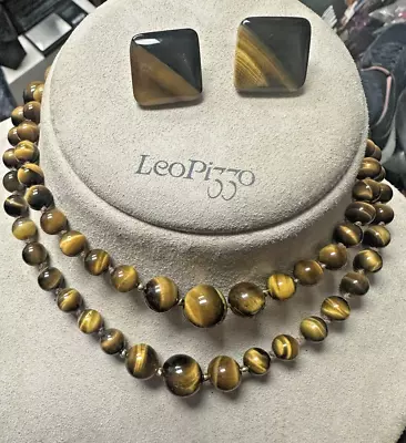 Tiger's Eye Beaded Necklace W/ 14k Gold Matching Pierce Earring 30 L • $159.95
