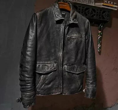 Mens Motorcycle Biker Vintage Cafe Racer Black Distress Real Lamb Leather Jacket • $114.99