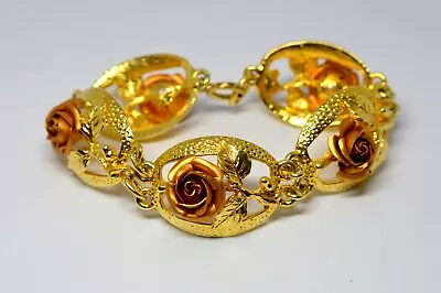 Vintage 24k Gold Plated Rose Flower Heavy Bracelet • $12.99