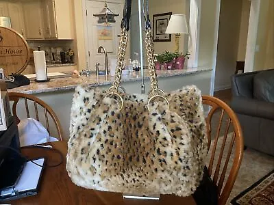 Glenda Gies Cheetah Faux Fur With Black Leather & Chain Detail “Millie” Handbag • $140