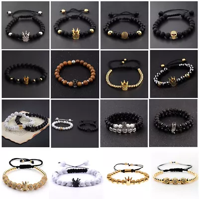 Men's CZ Zircon Pave Bead Round Natural Obsidian Stone Beaded Charm Bracelets • $6.99