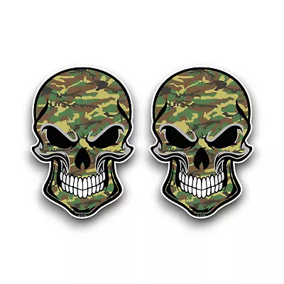 2x Gothic Biker Skull & Green Army Camo Camouflage Vinyl Sticker Decal 65x45mm • £2.59