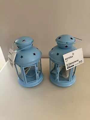 Pair Of IKEA Rotera Lanterns Tealight Sky Blue Indoor Outdoor Metal  NEW • £10